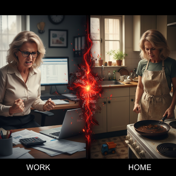 Женщина средних лет, бухгалтер, испытывает приступы ярости на работе и дома, изображая внутреннюю борьбу и эмоциональное напряжение.