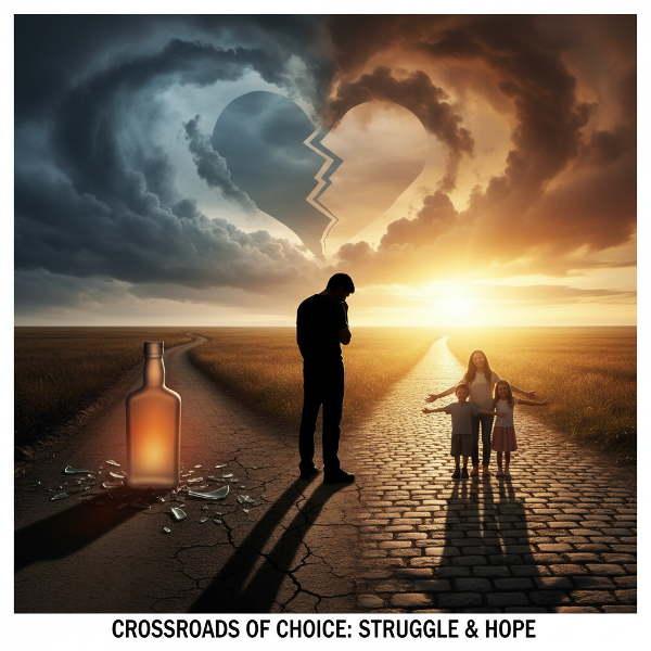 Символическое изображение выбора между зависимостью и выздоровлением, показывающее внутреннюю борьбу и надежду.