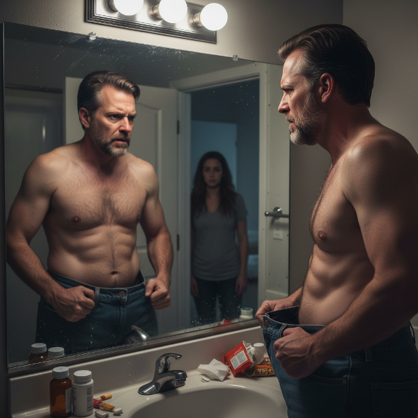 Мужчина в ярости смотрит на свое отражение в зеркале, держа старые джинсы, которые стали малы.