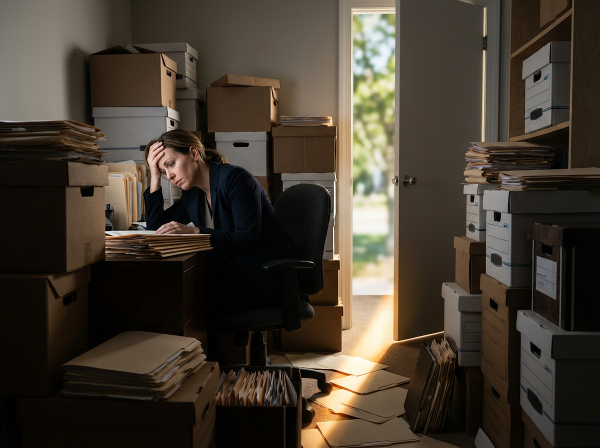 Женщина в тесном офисе, испытывающая тревогу, с визуальной метафорой выхода из тупика.