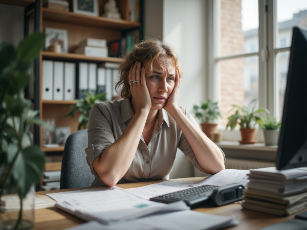 Женщина-бухгалтер средних лет за рабочим столом, утро, чувство тревоги и перегруженности бумагами, символизирующее выгорание и потерю уверенности.