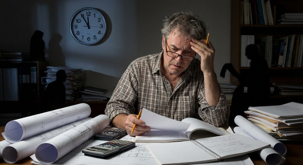 Инженер средних лет за рабочим столом, многократно проверяющий расчеты на фоне чертежей и калькуляторов, с выражением тревоги на лице, символизирующее навязчивые мысли и профессиональный стресс.