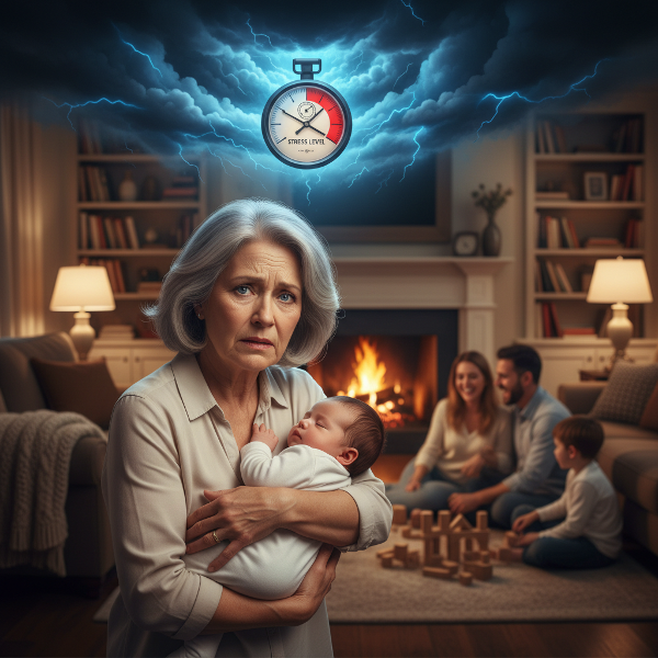Пожилая женщина в состоянии тревоги держит внучку, символические элементы стресса и давления контрастируют с уютной домашней обстановкой.