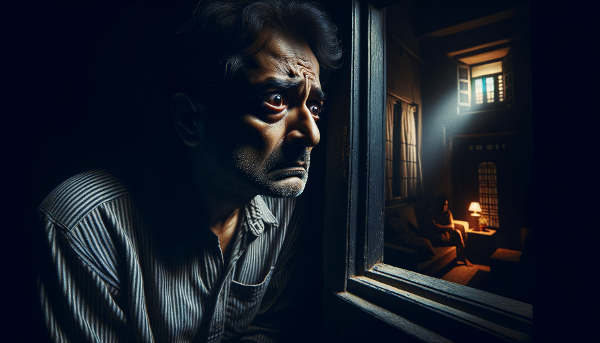 Мужчина средних лет в одиночестве дома вечером, испытывающий тревогу и страх, глядя в темное окно.