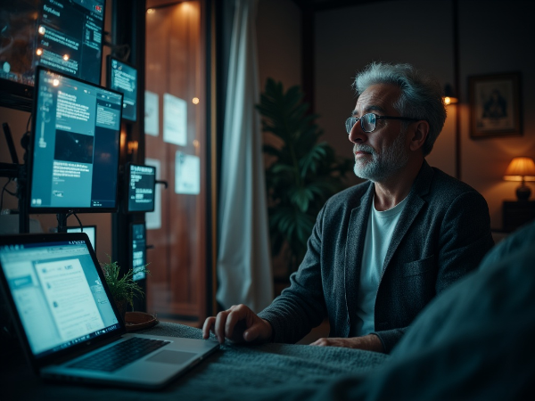 Мужчина средних лет испытывает тревогу дома, окруженный экранами с уведомлениями, жена предлагает поддержку.