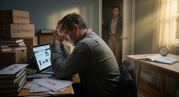 Мужчина средних лет в состоянии тревоги, окруженный ненужными покупками и долгами, отвлекается на онлайн-шопинг на работе, но видит путь к контролю и порядку.