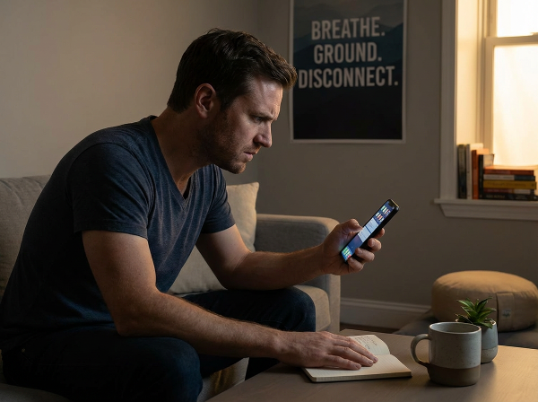 Мужчина, испытывающий тревогу от навязчивой проверки телефона, и методы телесной терапии для успокоения.