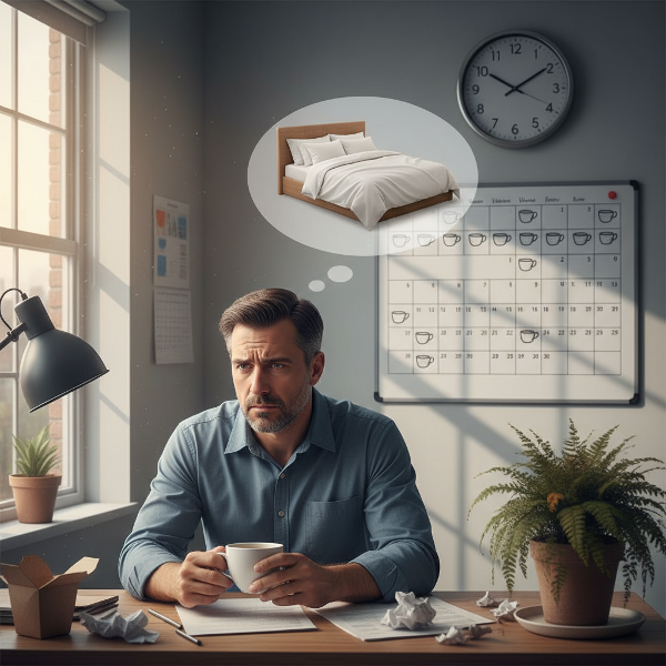 Мужчина средних лет в офисе с чашкой кофе, испытывающий усталость и тревогу, символизирующие зависимость от кофеина и её последствия для сна и здоровья.