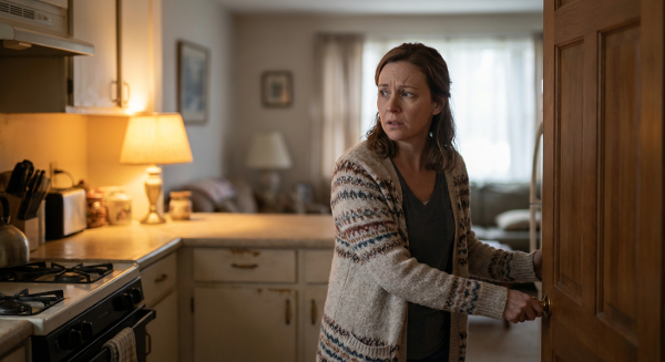 Женщина средних лет в состоянии тревоги совершает навязчивые проверки дома.