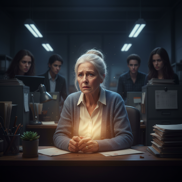 Изображение женщины, сохраняющей спокойствие и личные границы в напряжённой рабочей обстановке.