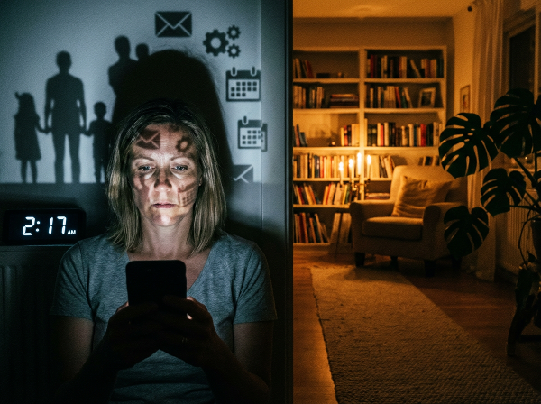 Женщина средних лет, испытывающая тревогу от зависимости от смартфона, который отдаляет её от семьи и работы, с намёком на путь к более спокойным занятиям.