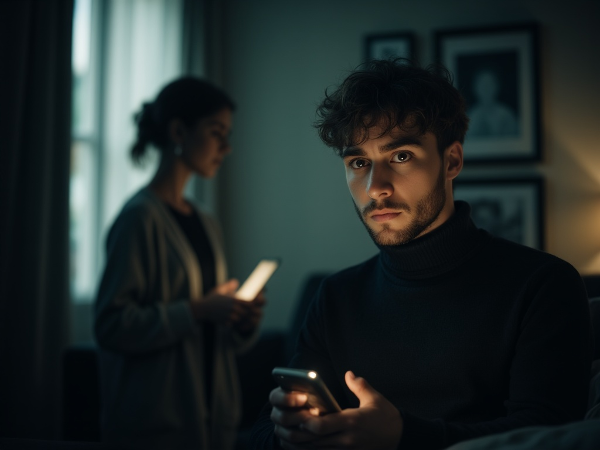 Юноша с телефоном, на фоне ускользающий силуэт девушки. Мягкий меланхоличный свет передает смятение первых отношений.