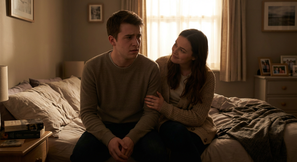 Молодой человек испытывает волнение в отношениях, его девушка поддерживает его. Интимная обстановка, мягкий свет, передача эмоциональной связи.