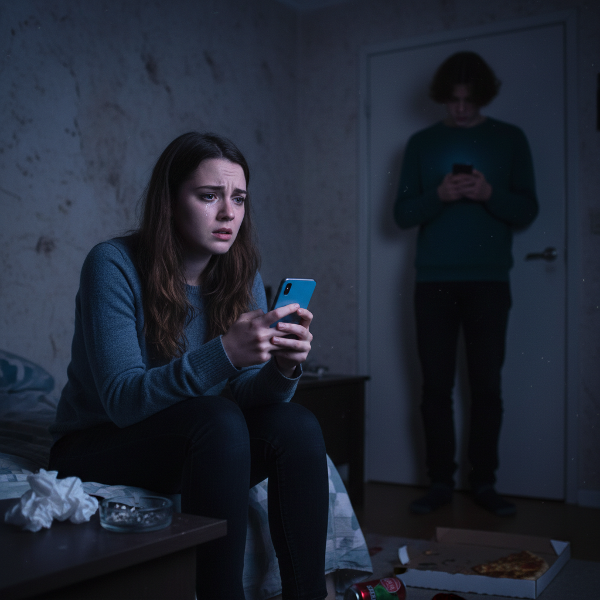 Девушка в тревоге смотрит на телефон, на фоне скрытный силуэт парня. Атмосфера сомнений и недоверия в отношениях.