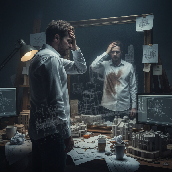 Мужчина-архитектор в студии, смотрящий на свои чертежи и своё отражение с чувством тревоги и отчуждения.