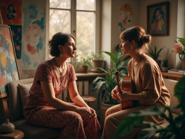 Художница и музыкант ведут спокойный разговор в творческой студии, символизируя преодоление конфликта через понимание.