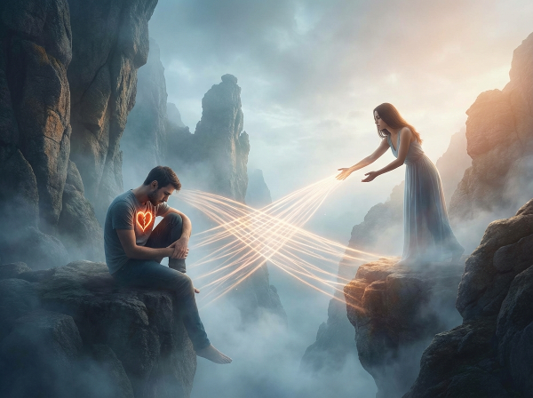 Мужчина с разбитым сердцем смотрит на женщину, которая протягивает руку, между ними формируется мост из света в туманном эмоциональном пейзаже.