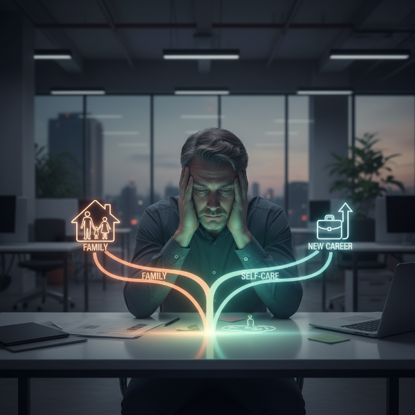 Изображение мужчины средних лет в деловом костюме, стоящего на перепутье в современном офисе. Он выглядит уставшим и задумчивым. От него расходятся символические тропинки, ведущие к семье, новым карьерным возможностям и заботе о себе.