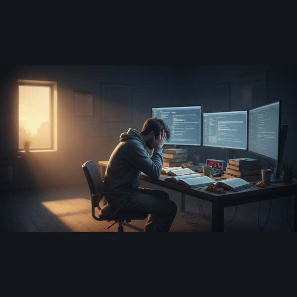 Молодой человек в состоянии выгорания за рабочим столом ночью, окруженный символами нагрузки, но с намеком на надежду.