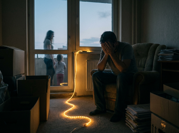 Символическое изображение мужчины, испытывающего выгорание и эмоциональную отстранённость в семье, с намёком на возможность восстановления связи.