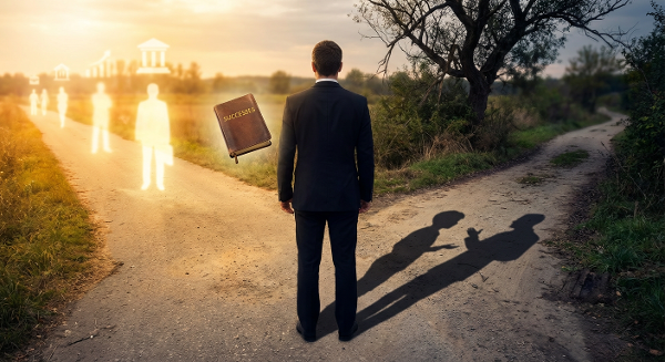 Мужчина на перепутье между светлым путем возможностей и темной знакомой дорогой, его тень показывает детские критические воспоминания, рядом парит дневник успехов.