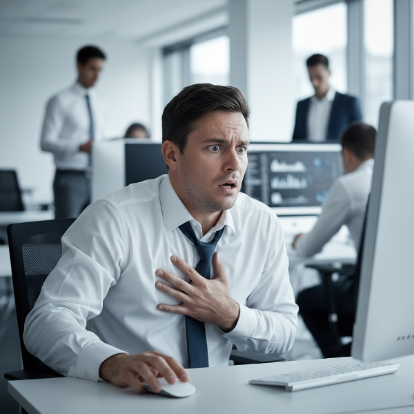 Мужчина в офисе переживает паническую атаку, чувствуя изоляцию среди коллег.
