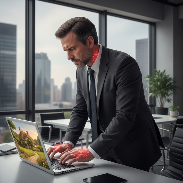 Мужчина в деловом костюме с психосоматическими высыпаниями на коже в офисе, контрастирующими с умиротворяющим пейзажем на экране.