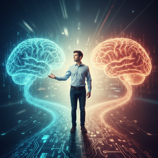 Молодой человек на перепутье между миром IT и психологии, символизирующий смелый переход и поиск уверенности.