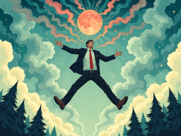 Мужчина на перепутье карьеры, разрывающийся между рутинной офисной работой и возможностью возглавить стартап, символизирующий страх и надежду.