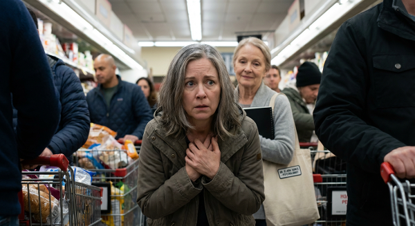 Женщина средних лет испытывает тревогу и раздражение в тесной очереди магазина, символизируя внутреннюю борьбу и клаустрофобию.