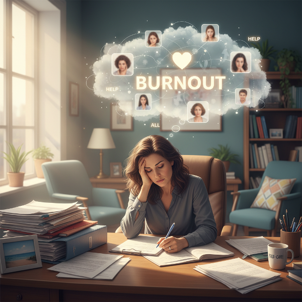 Изображение символизирует выгорание и внутреннее напряжение человека, работающего в благотворительности, с акцентом на необходимость заботы о себе.