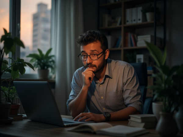 Мужчина средних лет в раздумьях дома, окруженный тишиной и мягким светом, что символизирует одиночество и поиск новых связей.