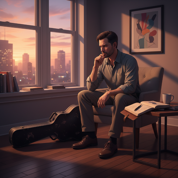 Мужчина средних лет в раздумьях у окна офиса, рядом гитара и блокнот для заметок, символизирующие поиск утраченных интересов и саморазвитие.