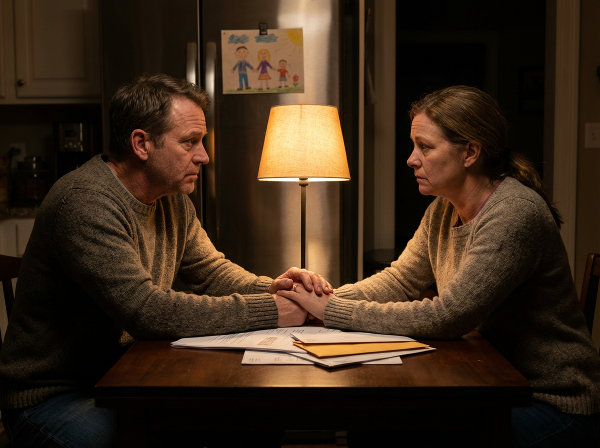 Пара средних лет, сидя за кухонным столом вечером, держится за руки поверх неоплаченных счетов. Теплый свет лампы создает атмосферу уязвимости, но и надежды на поддержку друг в друге.