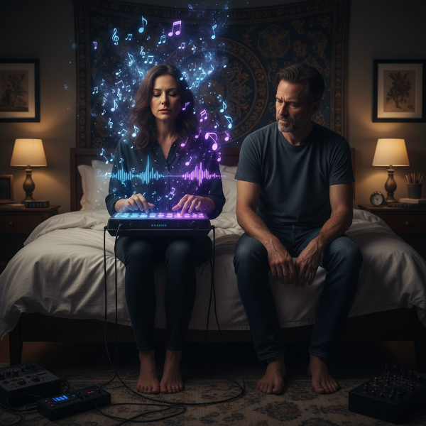 Пара средних лет в спальне, исследующая новые границы близости через музыку, с видимым напряжением и попыткой синхронизации.