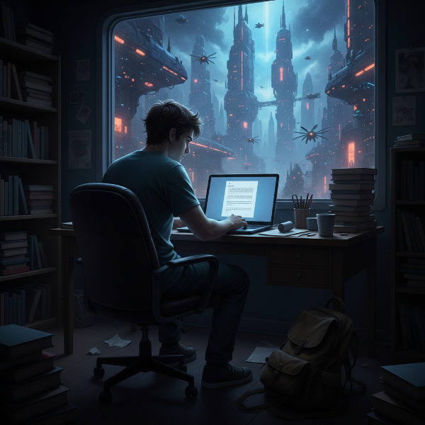 Молодой человек в одиночестве перед пустым экраном, символизирующий творческий ступор и отдаленную мечту.