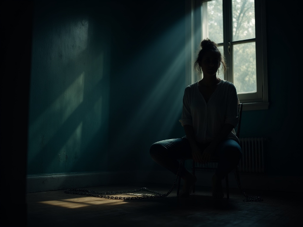 Женщина средних лет в состоянии эмоционального истощения и апатии, с намёком на надежду.