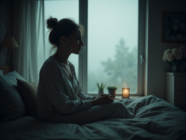 Женщина средних лет сидит на кровати в состоянии апатии, глядя в окно на туманный пейзаж, сквозь который начинает пробиваться луч света.