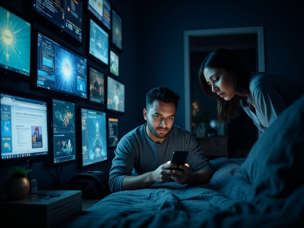 Мужчина средних лет ночью в постели одержимо проверяет телефон, окружённый светящимися экранами. В дверях спальни стоит его встревоженная жена.