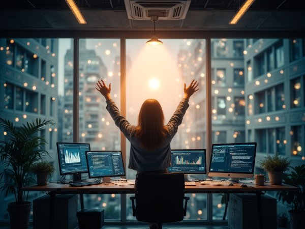 Женщина, окруженная цифровыми уведомлениями, тянется к свету, символизирующему баланс между работой и личной жизнью.