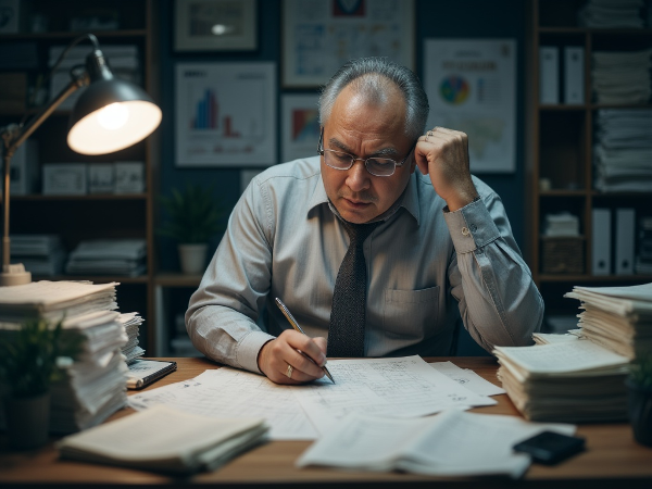 Пожилой бухгалтер за рабочим столом, испытывающий стресс и выгорание, в окружении документов.