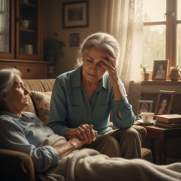 Пожилая женщина испытывает напряжение и раздражение при уходе за матерью, ищет момент покоя и эмоционального равновесия.