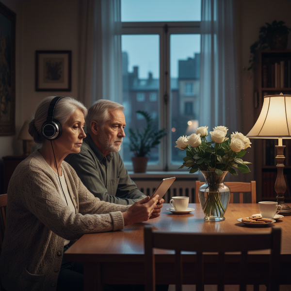 Пожилая пара в состоянии эмоциональной отчужденности в своей гостиной вечером.