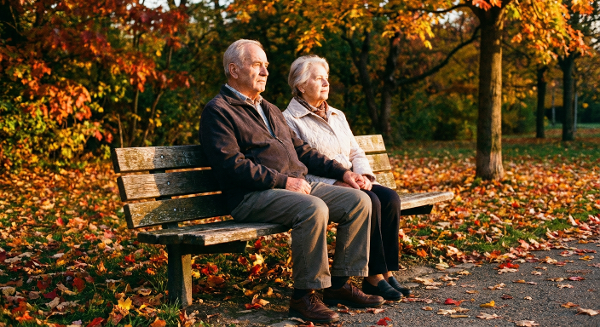 Пожилая пара на скамейке в осеннем парке, отчуждённая, но с намёком на возможное воссоединение.