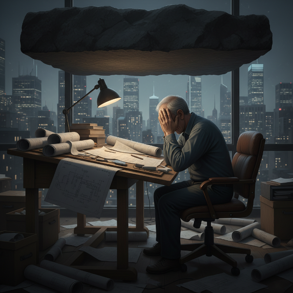 Пожилой инженер, испытывающий выгорание и чувство ненужности, работает допоздна в одиночестве под гнетом тяжелых мыслей.
