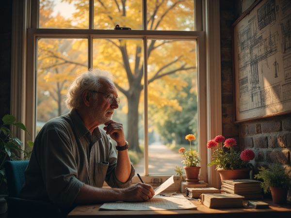 Пожилой мужчина у окна в раздумьях, с элементами инженерных чертежей, переходящими в природный пейзаж, символизируя поиск нового смысла жизни на пенсии.