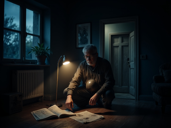Пожилой мужчина в сумерках испытывает тревогу, символически изображенную камнем на груди, проверяет замок, рядом лежат негативные новости, но есть проблеск надежды.