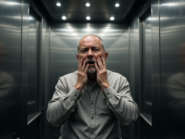 Пожилой мужчина в лифте, испытывающий панику и страх замкнутого пространства после автомобильной аварии.