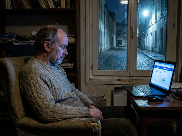 Пожилой мужчина в одиночестве ночью, размышляя у окна с ноутбуком, символизируя поиск связи и борьбу с изоляцией.
