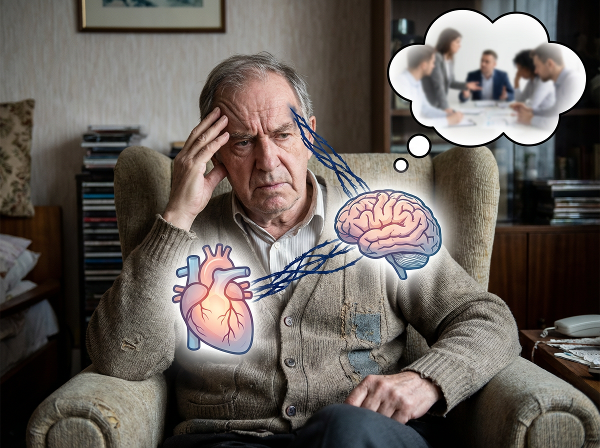 Пожилой мужчина в момент внутреннего напряжения, с символическими изображениями сердца и головы, связанными нитями тревоги, на фоне размытого силуэта другого человека, олицетворяющего сложные отношения.